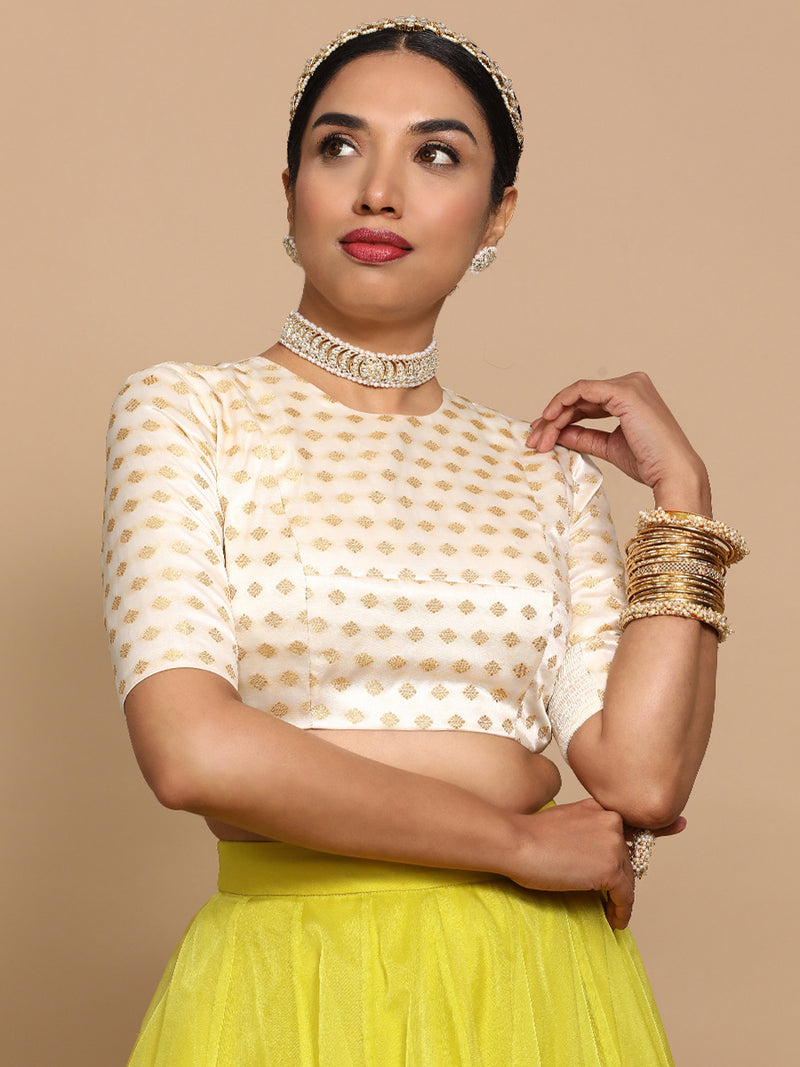 Riti x Tyohaar | Elbow Sleeves Satin Viscose Saree Blouse in Cream Butta Fabric-Binks