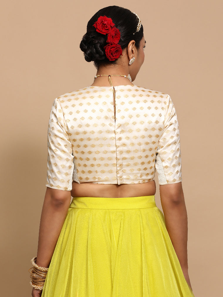 Riti x Tyohaar Saree Blouse, in Cream Embroidery & Brocade, featuring elbow sleeves and jewel neckline (view 2).