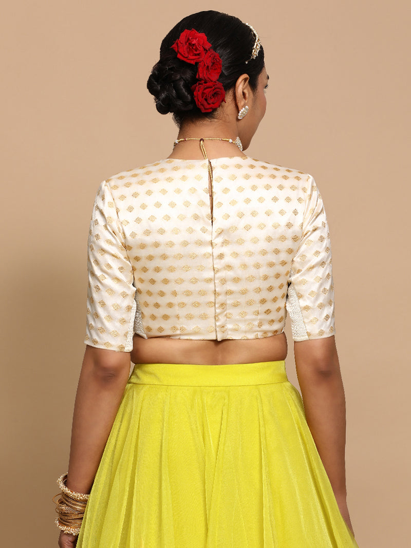 Riti x Tyohaar | Elbow Sleeves Satin Viscose Saree Blouse in Cream Butta Fabric-Binks