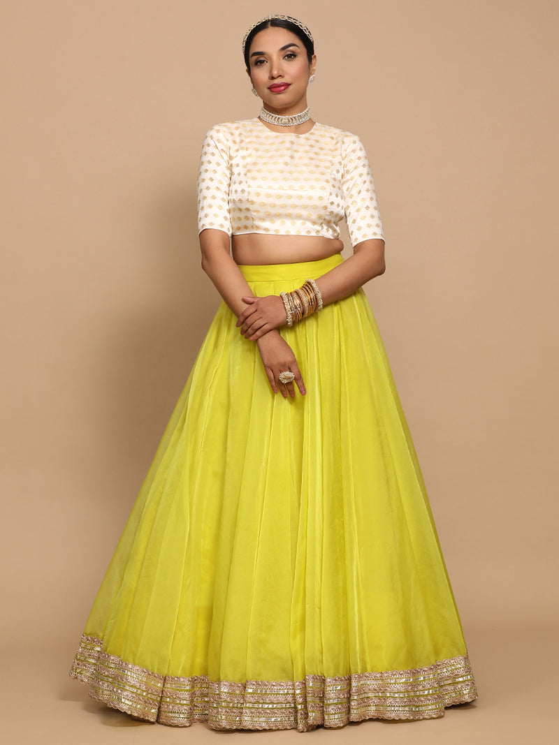 Riti x Tyohaar | Elbow Sleeves Satin Viscose Saree Blouse in Cream Butta Fabric-Binks