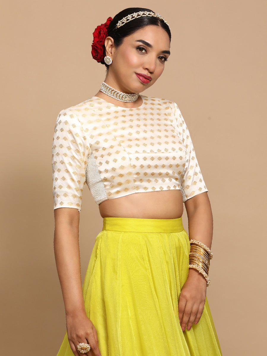 Riti x Tyohaar Saree Blouse, in Cream Embroidery & Brocade, featuring elbow sleeves and jewel neckline (view 8).