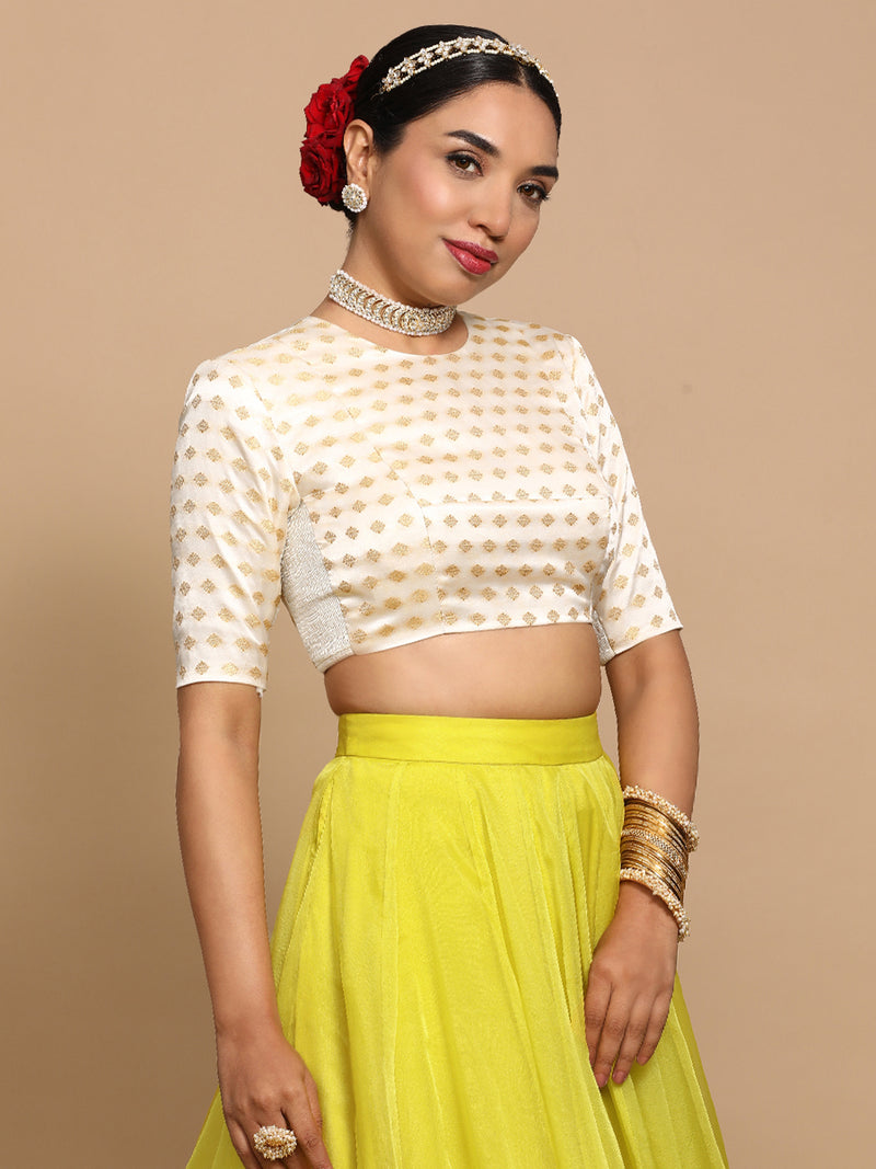 Riti x Tyohaar | Elbow Sleeves Satin Viscose Saree Blouse in Cream Butta Fabric-Binks