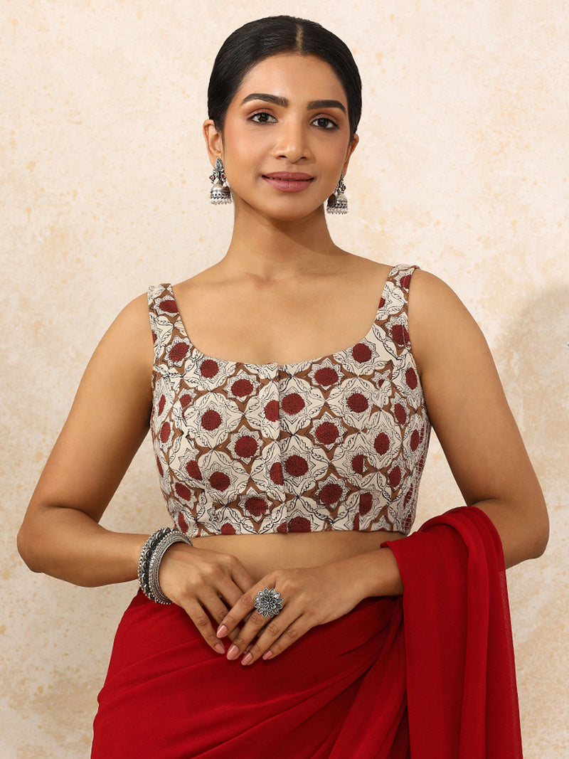 Ritu x Rozaana Saree Blouse, in Cream 100% Cotton - Block Printed, featuring sleeveless and round neckline.