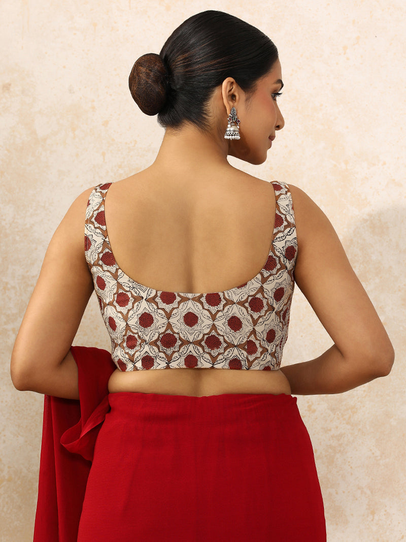 Ritu x Rozaana Saree Blouse, in Cream 100% Cotton - Block Printed, featuring sleeveless and round neckline (view 2).