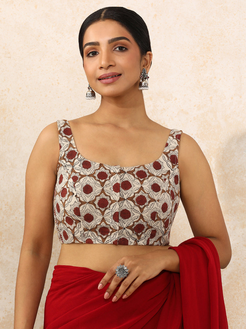 Ritu x Rozaana Saree Blouse, in Cream 100% Cotton - Block Printed, featuring sleeveless and round neckline (view 4).