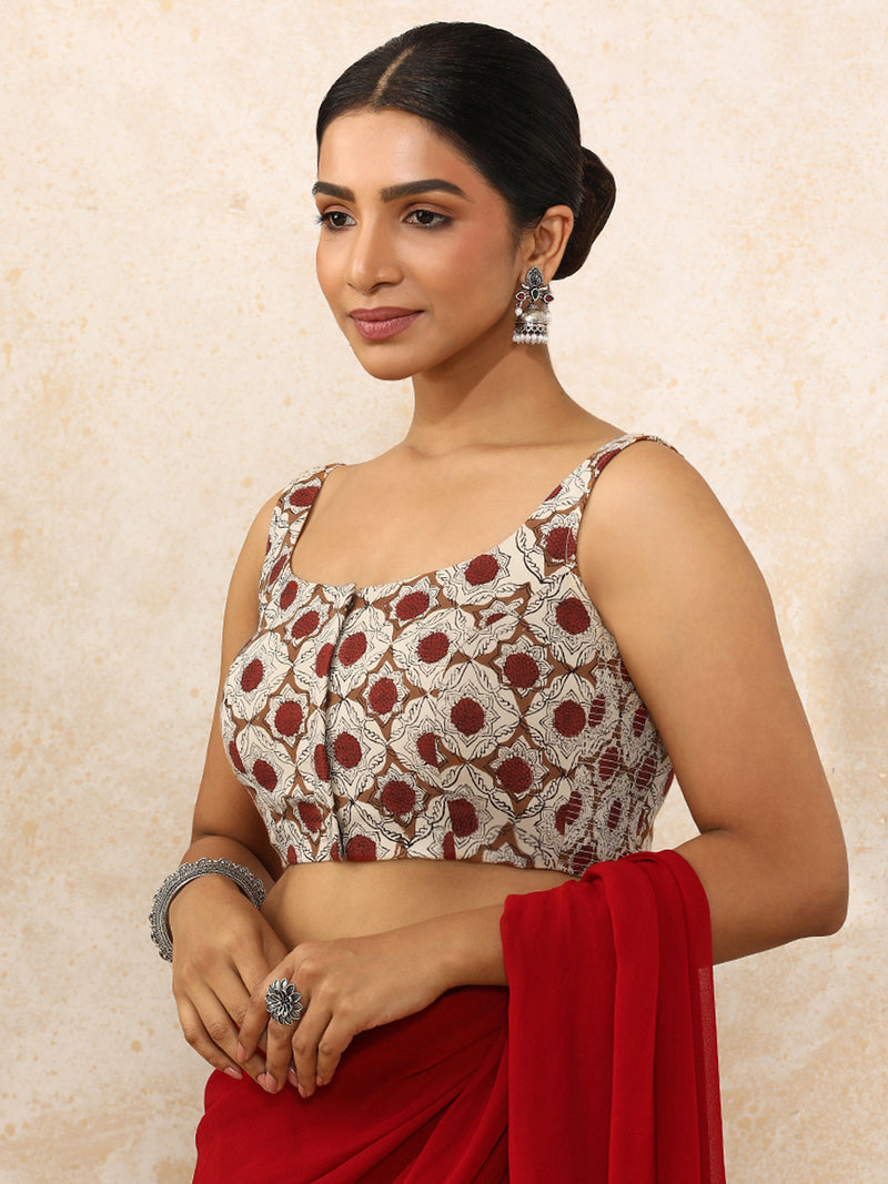 Ritu x Rozaana Saree Blouse, in Cream 100% Cotton - Block Printed, featuring sleeveless and round neckline (view 6).