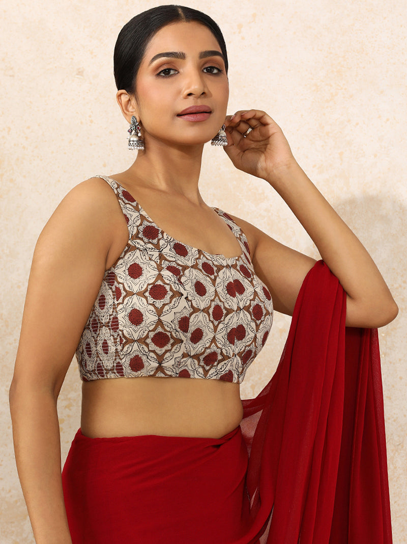 Ritu x Rozaana Saree Blouse, in Cream 100% Cotton - Block Printed, featuring sleeveless and round neckline (view 9).