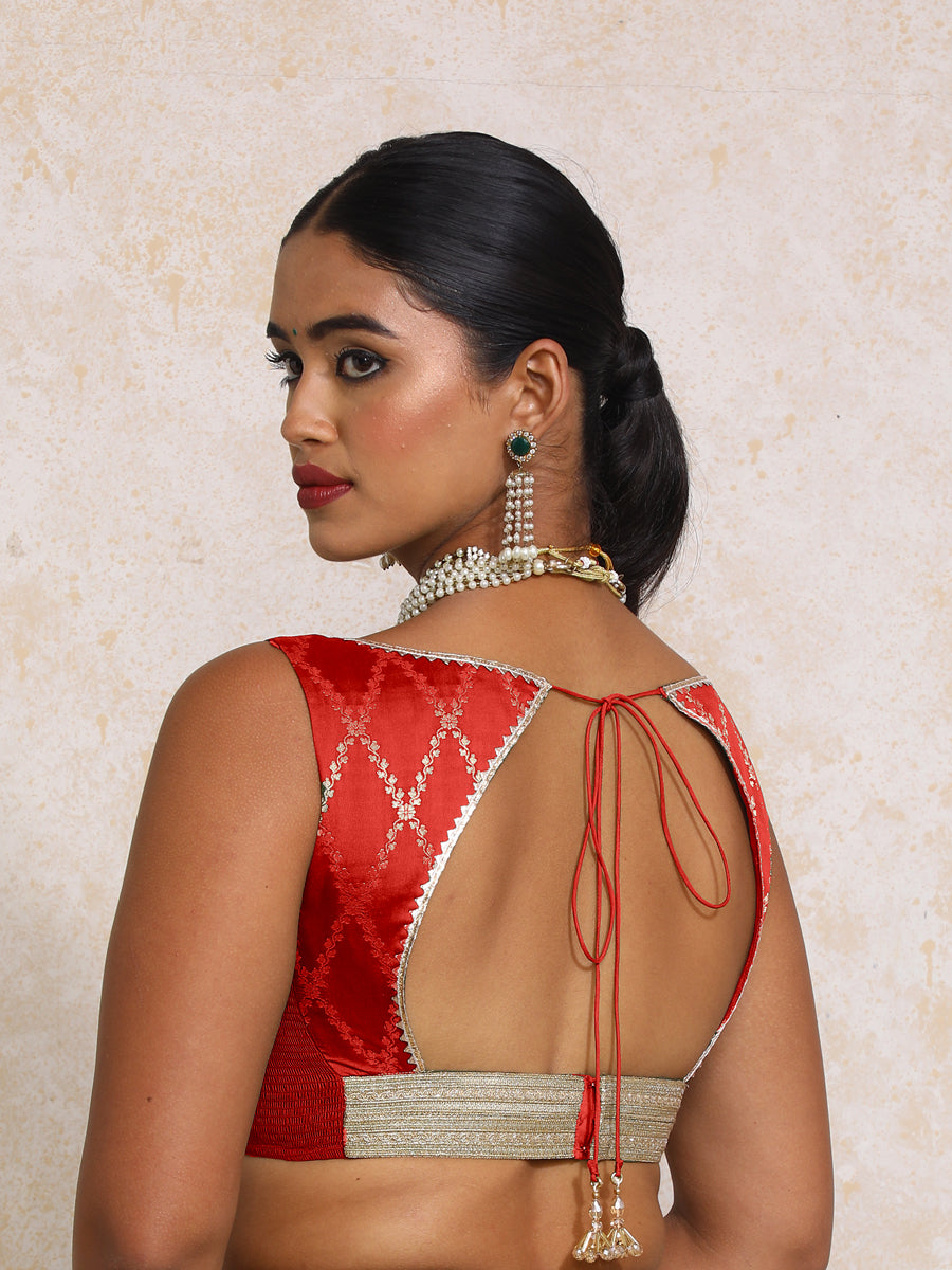 Rivana x Tyohaar Saree Blouse, in Red Viscose Silk Brocade, featuring sleeveless and sweetheart neckline (view 2).