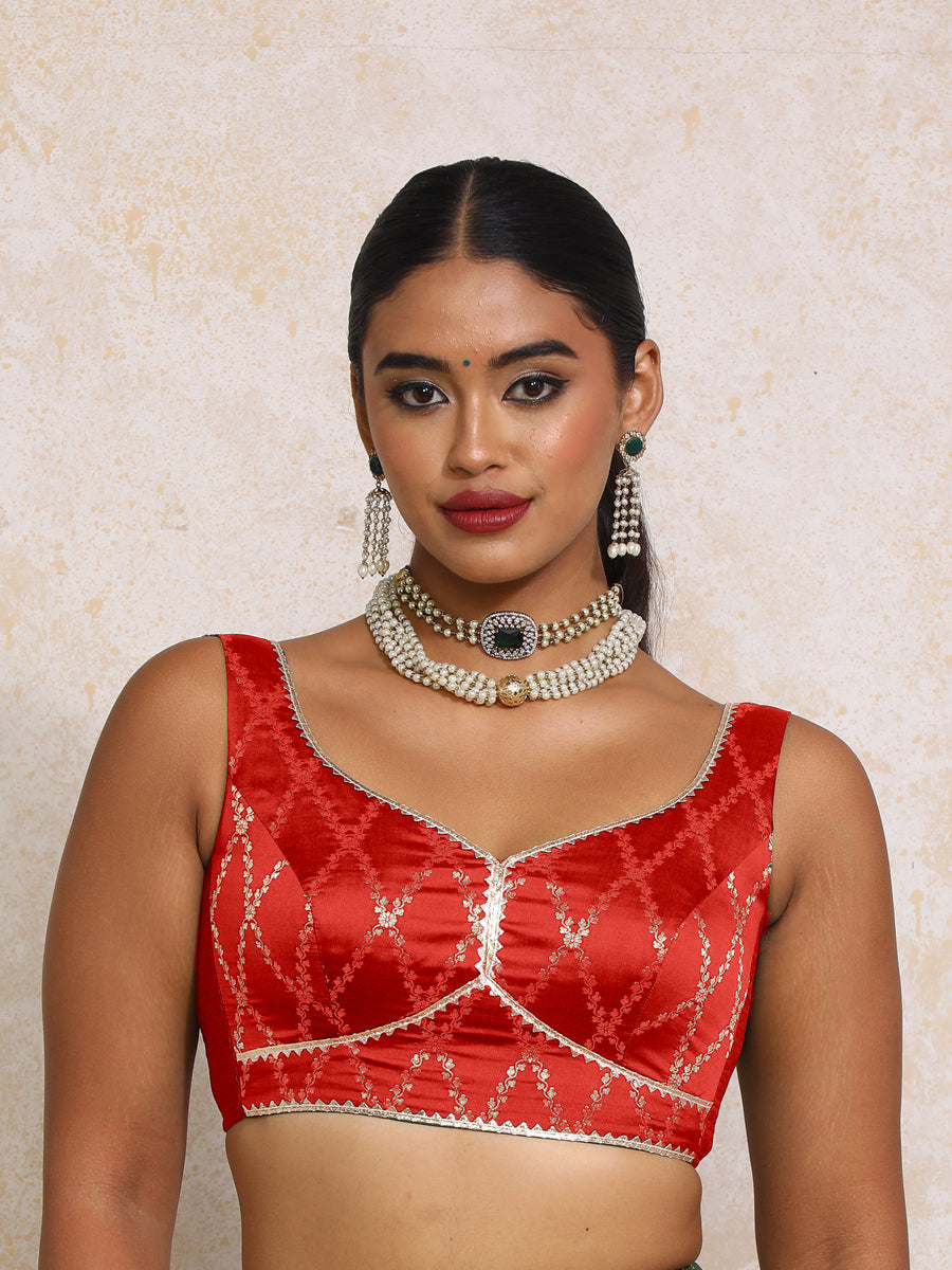 Rivana x Tyohaar Saree Blouse, in Red Viscose Silk Brocade, featuring sleeveless and sweetheart neckline (view 4).