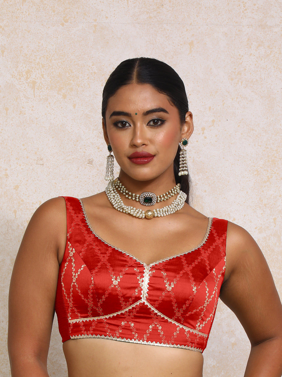 Rivana x Tyohaar Saree Blouse, in Red Viscose Silk Brocade, featuring sleeveless and sweetheart neckline (view 5).