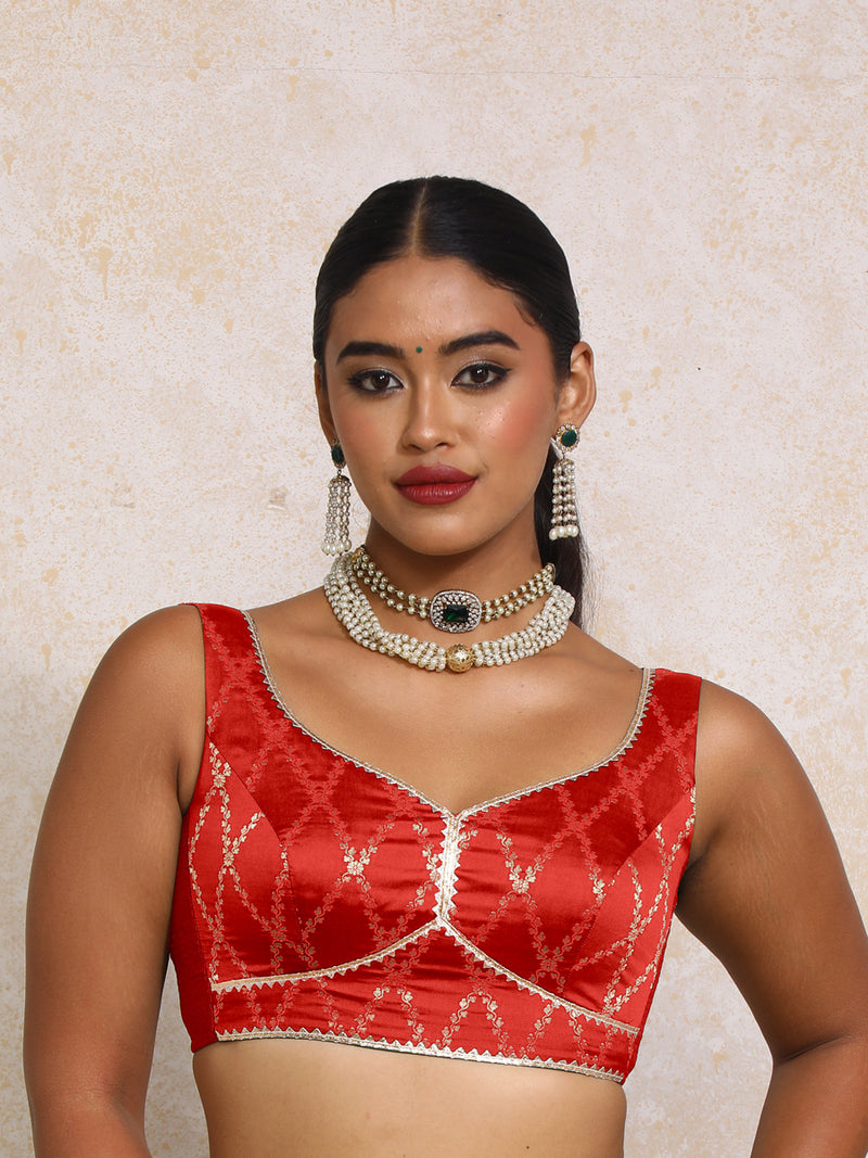 Rivana x Tyohaar | Sleeveless Berry Red Vine Mesh Brocade Saree Blouse-Binks