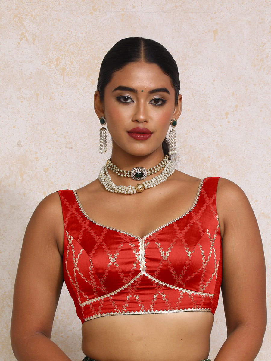 Rivana x Tyohaar Saree Blouse, in Red Viscose Silk Brocade, featuring sleeveless and sweetheart neckline (view 6).