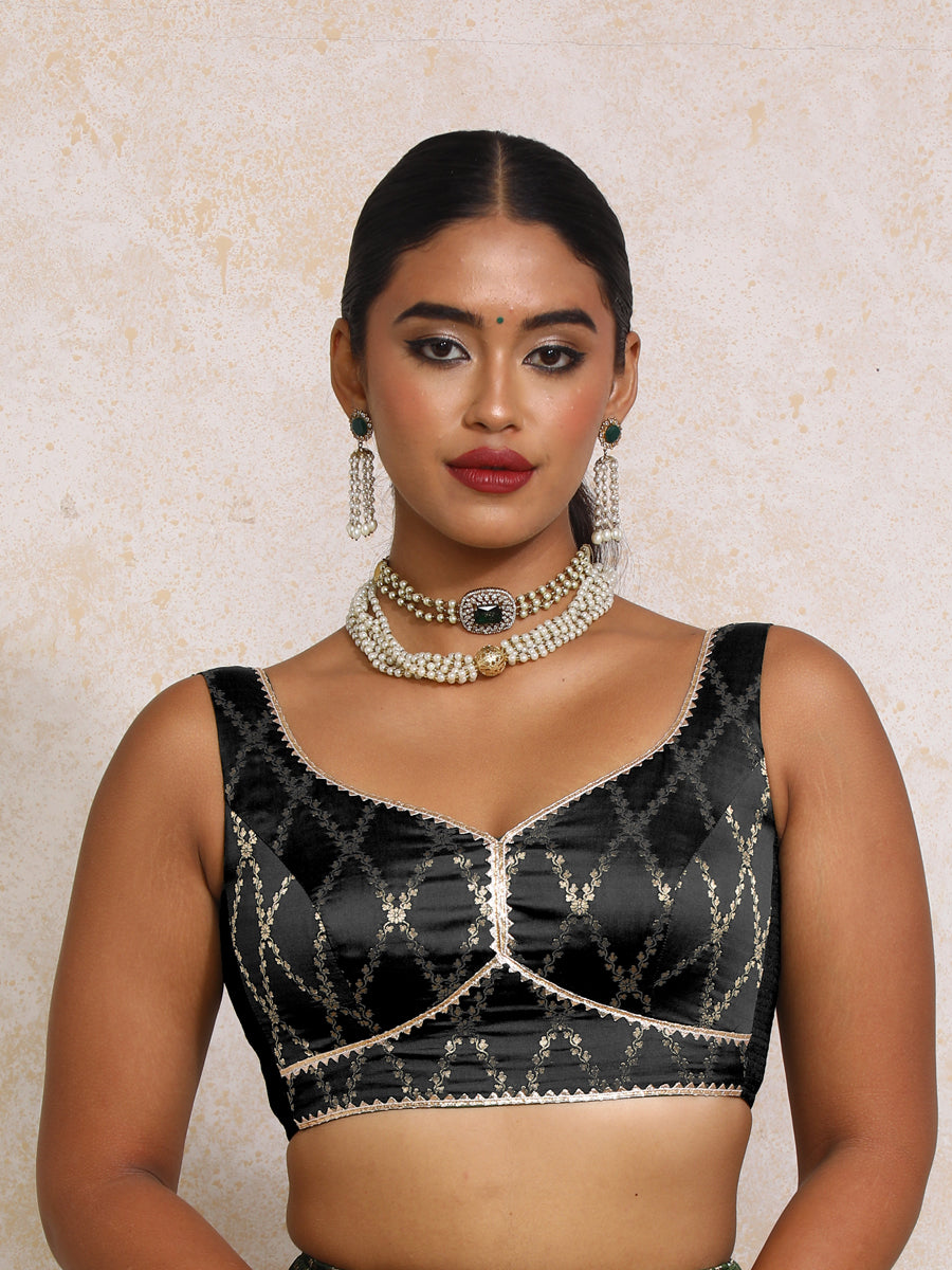 Rivana x Tyohaar | Sleeveless Cosmic Black Vine Mesh Brocade Saree Blouse