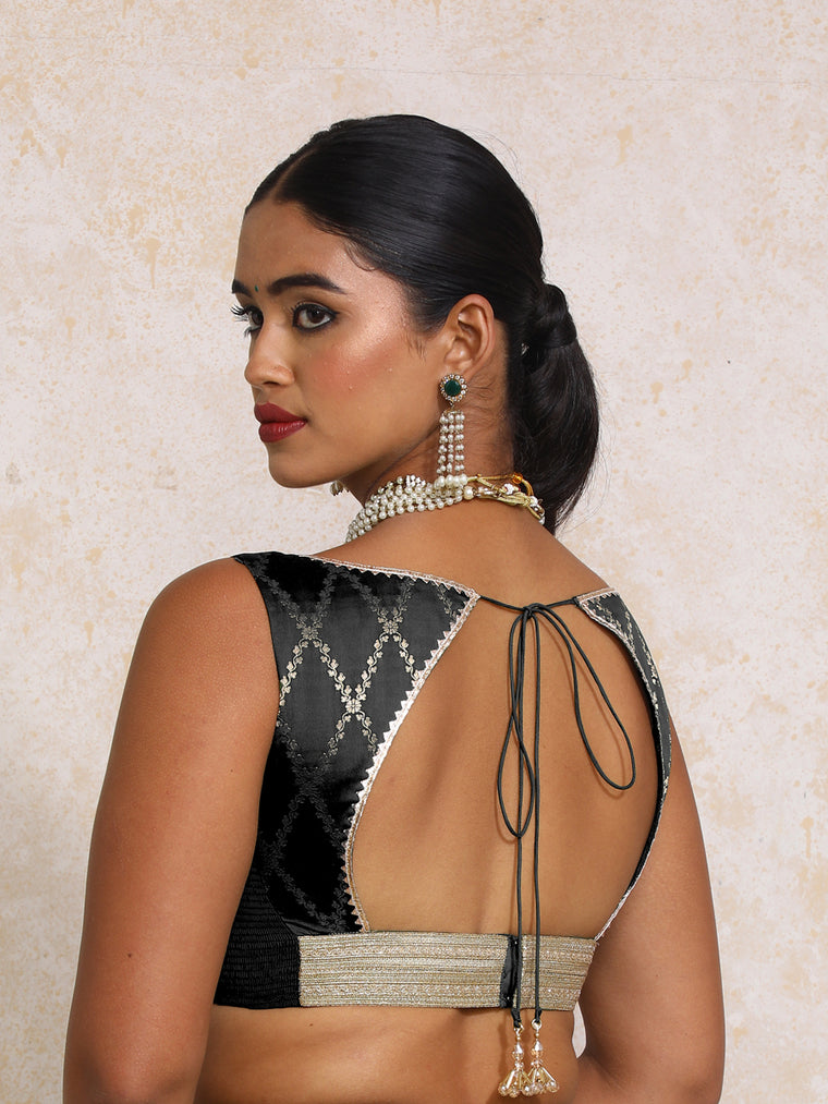 Rivana x Tyohaar Saree Blouse, in Black Viscose Silk Brocade, featuring sleeveless and sweetheart neckline (view 2).
