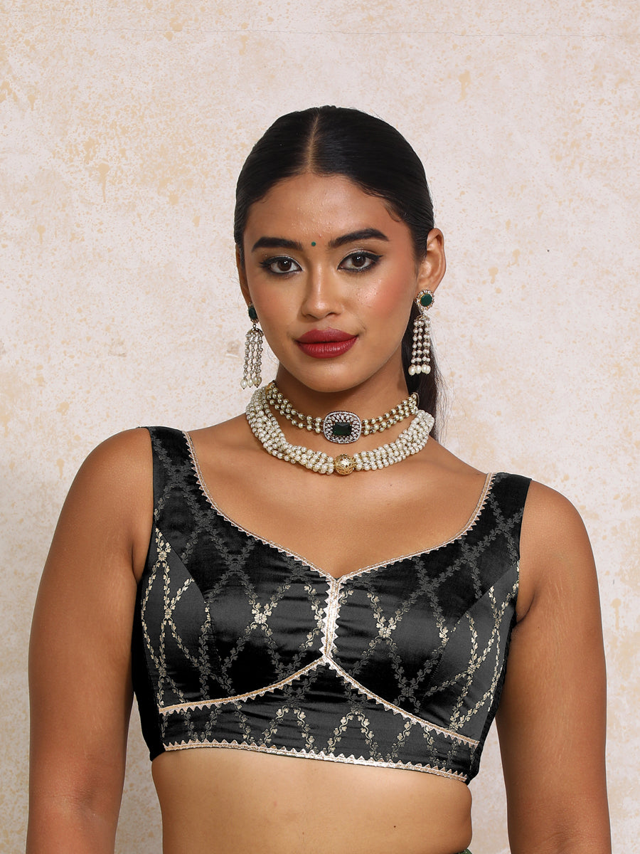 Rivana x Tyohaar Saree Blouse, in Black Viscose Silk Brocade, featuring sleeveless and sweetheart neckline (view 4).