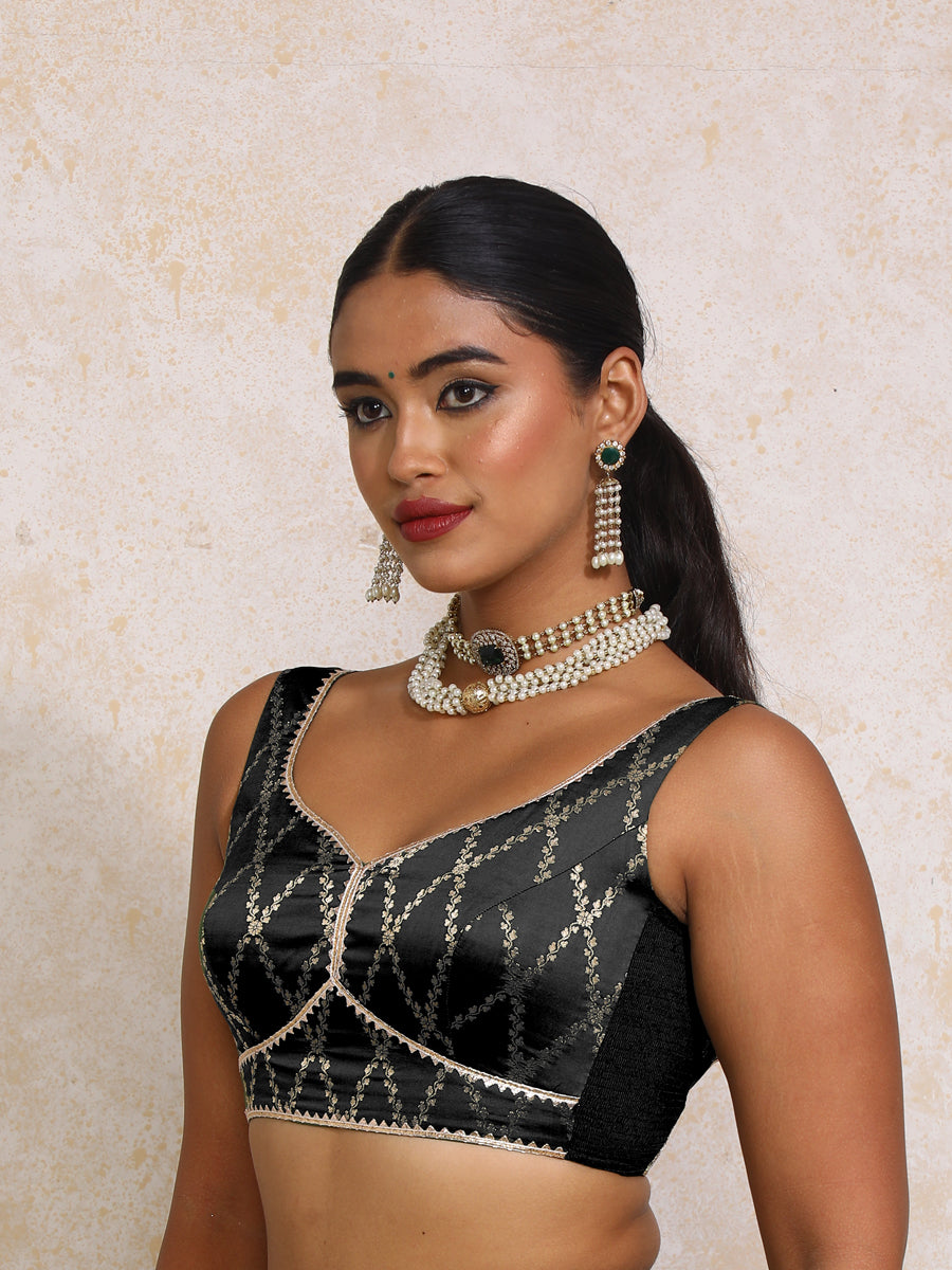 Rivana x Tyohaar Saree Blouse, in Black Viscose Silk Brocade, featuring sleeveless and sweetheart neckline (view 6).