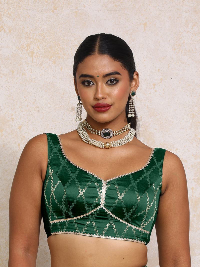Rivana x Tyohaar | Sleeveless Dark Green Vine Mesh Brocade Saree Blouse-Binks