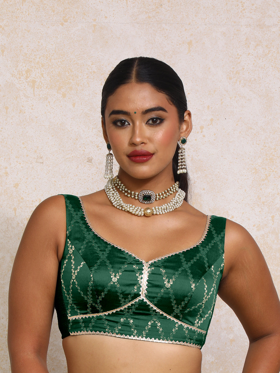 Rivana x Tyohaar Saree Blouse, in Green Viscose Silk Brocade, featuring sleeveless and sweetheart neckline (view 4).