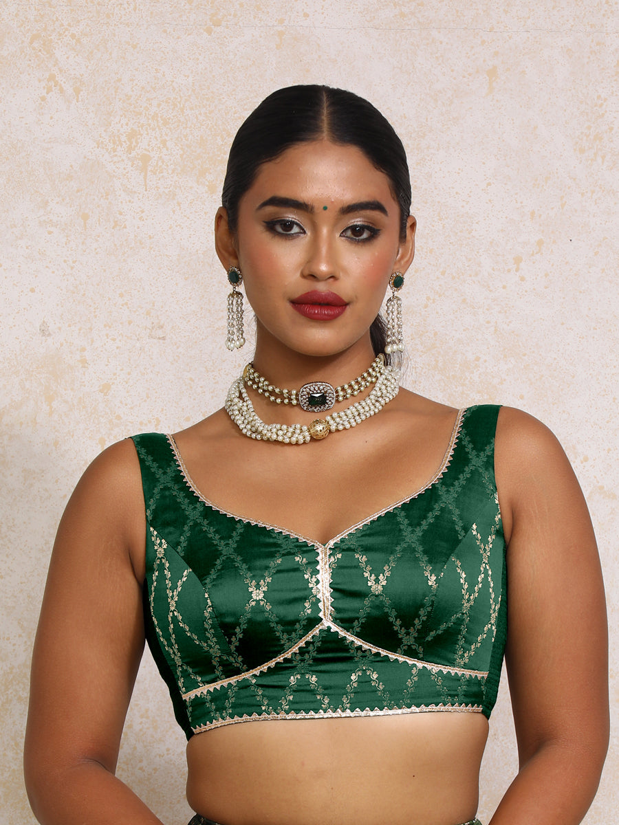 Rivana x Tyohaar Saree Blouse, in Green Viscose Silk Brocade, featuring sleeveless and sweetheart neckline (view 5).