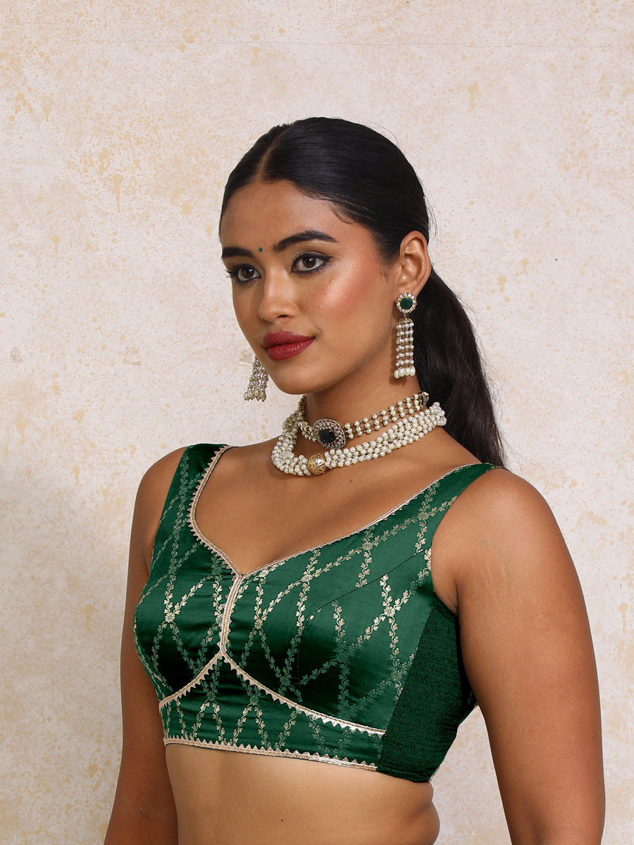Rivana x Tyohaar Saree Blouse, in Green Viscose Silk Brocade, featuring sleeveless and sweetheart neckline (view 6).