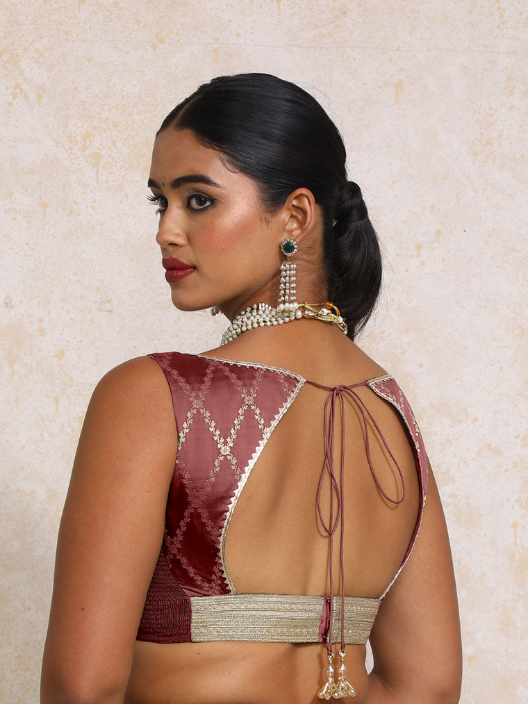 Rivana x Tyohaar Saree Blouse, in Maroon Viscose Silk Brocade, featuring sleeveless and sweetheart neckline (view 2).