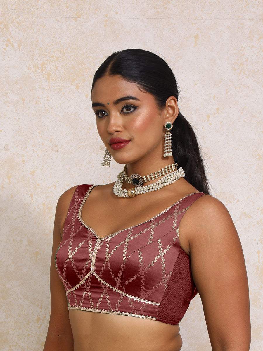 Rivana x Tyohaar Saree Blouse, in Maroon Viscose Silk Brocade, featuring sleeveless and sweetheart neckline (view 4).
