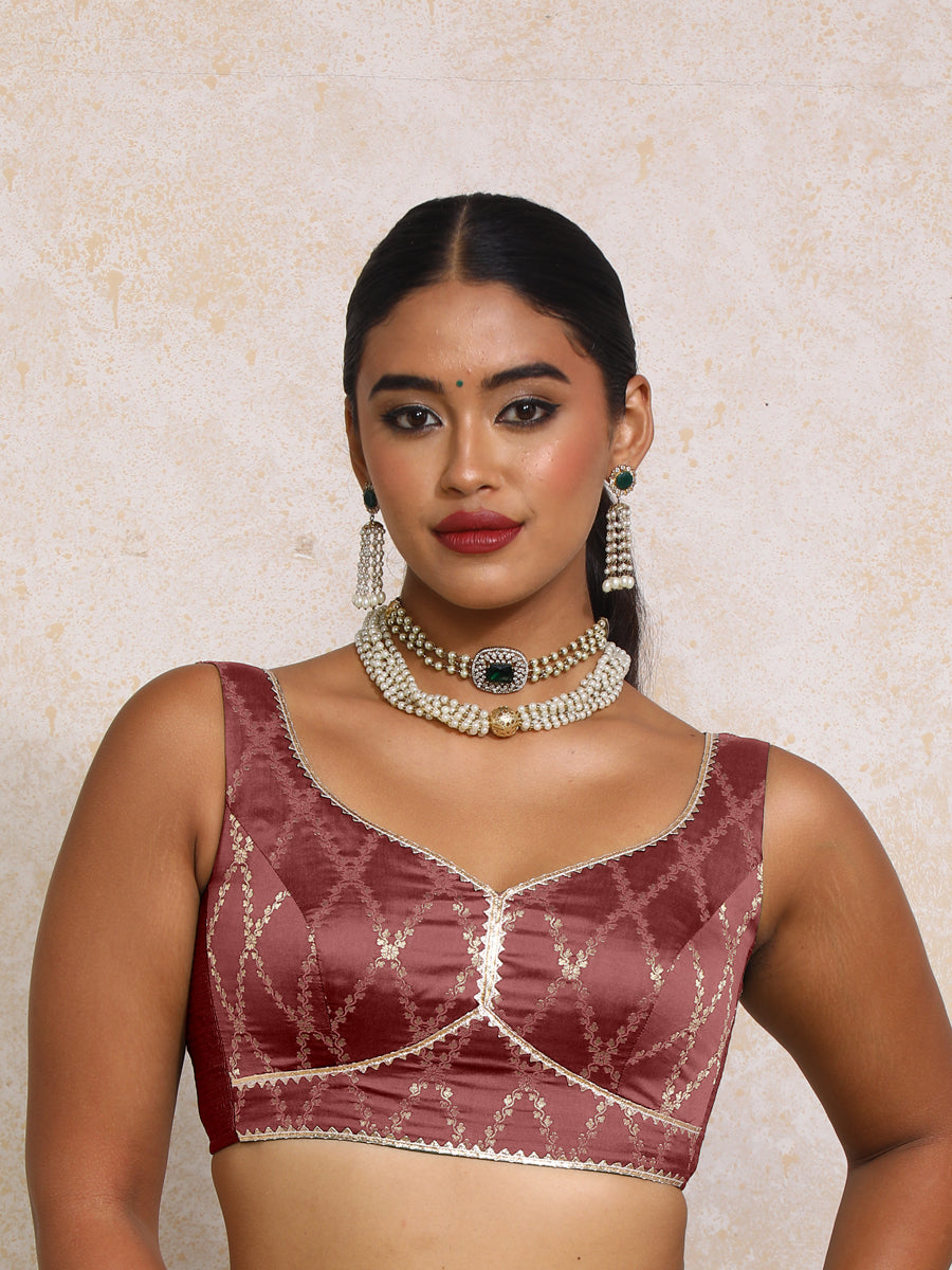 Rivana x Tyohaar Saree Blouse, in Maroon Viscose Silk Brocade, featuring sleeveless and sweetheart neckline (view 5).