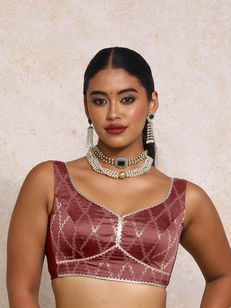 Rivana x Tyohaar | Sleeveless Deep Burgundy Vine Mesh Brocade Saree Blouse-Binks