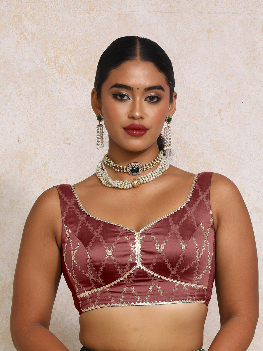 Rivana x Tyohaar Saree Blouse, in Maroon Viscose Silk Brocade, featuring sleeveless and sweetheart neckline (view 6).