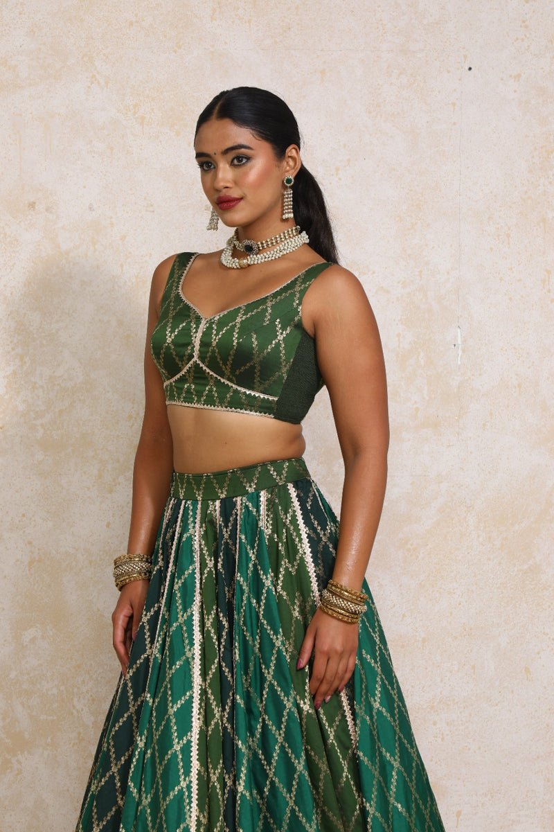 Rivana x Tyohaar | Sleeveless Deep Olive Vine Mesh Brocade Saree Blouse-Binks