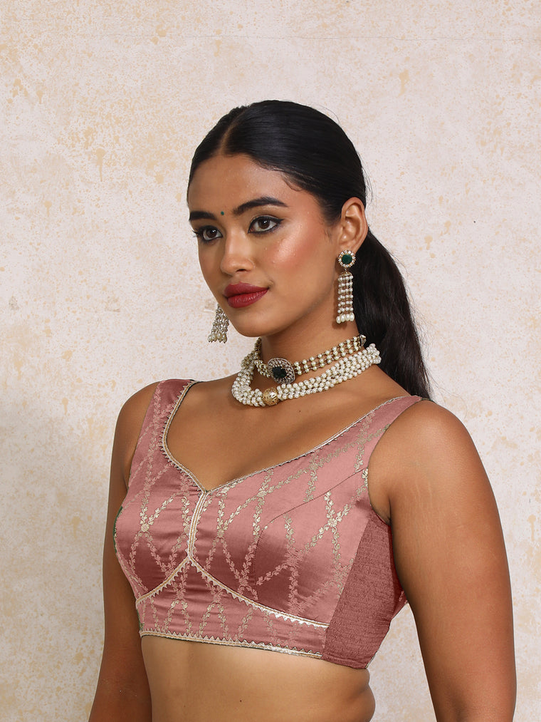 Rivana x Tyohaar Saree Blouse, in Pink Viscose Silk Brocade, featuring sleeveless and sweetheart neckline.