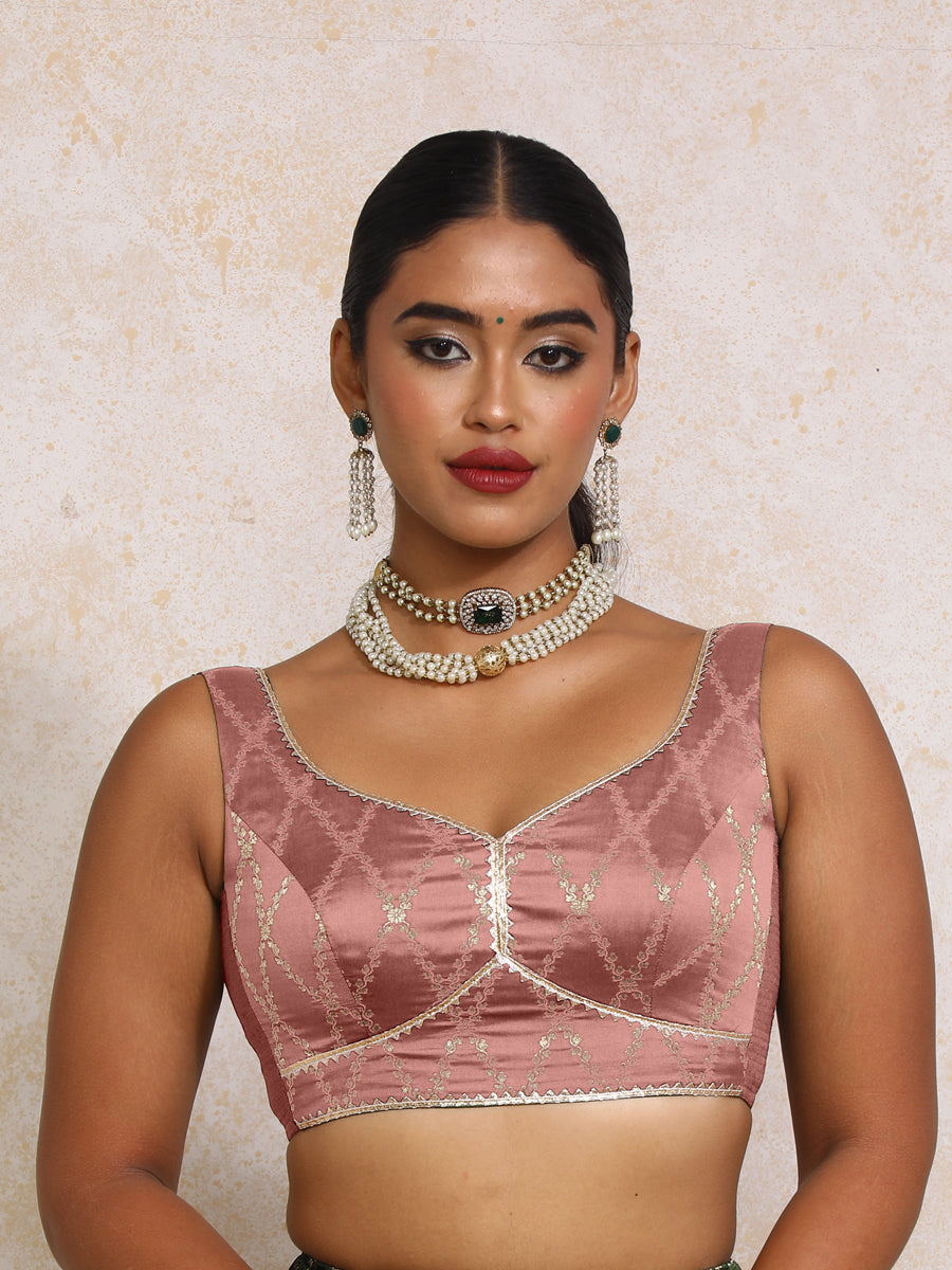 Rivana x Tyohaar Saree Blouse, in Pink Viscose Silk Brocade, featuring sleeveless and sweetheart neckline (view 6).