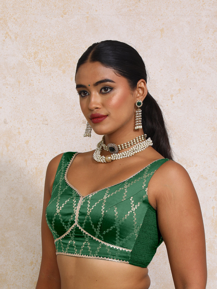 Rivana x Tyohaar Saree Blouse, in Green Viscose Silk Brocade, featuring sleeveless and sweetheart neckline (view 4).