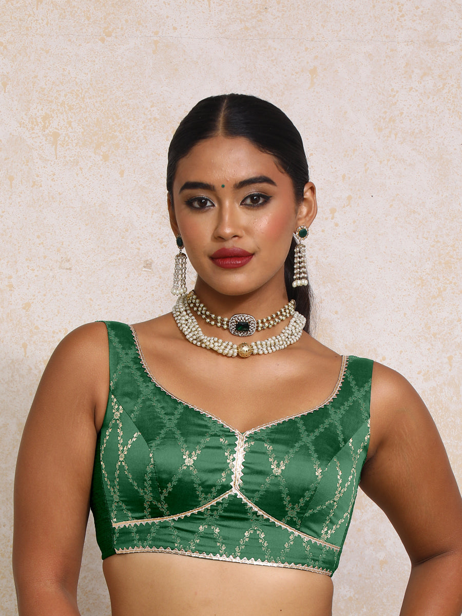 Rivana x Tyohaar Saree Blouse, in Green Viscose Silk Brocade, featuring sleeveless and sweetheart neckline (view 5).
