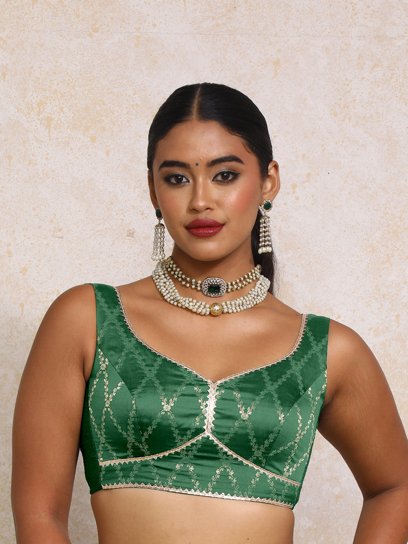 Rivana x Tyohaar | Sleeveless Emerald Green Vine Mesh Brocade Saree Blouse-Binks