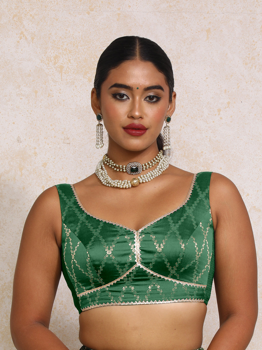 Rivana x Tyohaar Saree Blouse, in Green Viscose Silk Brocade, featuring sleeveless and sweetheart neckline (view 6).