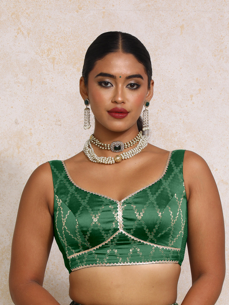 Rivana x Tyohaar | Sleeveless Emerald Green Vine Mesh Brocade Saree Blouse-Binks