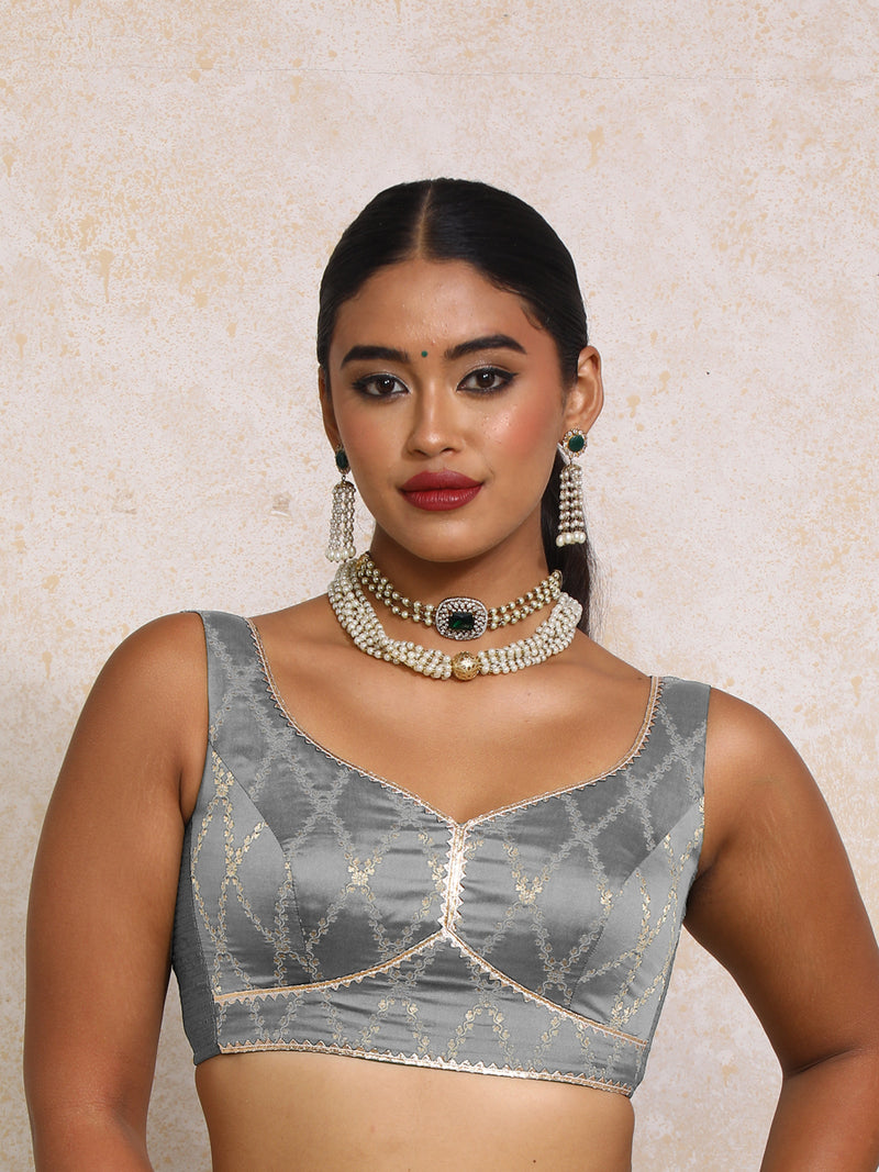 Rivana x Tyohaar | Sleeveless Gilded Grey Vine Mesh Brocade Saree Blouse-Binks