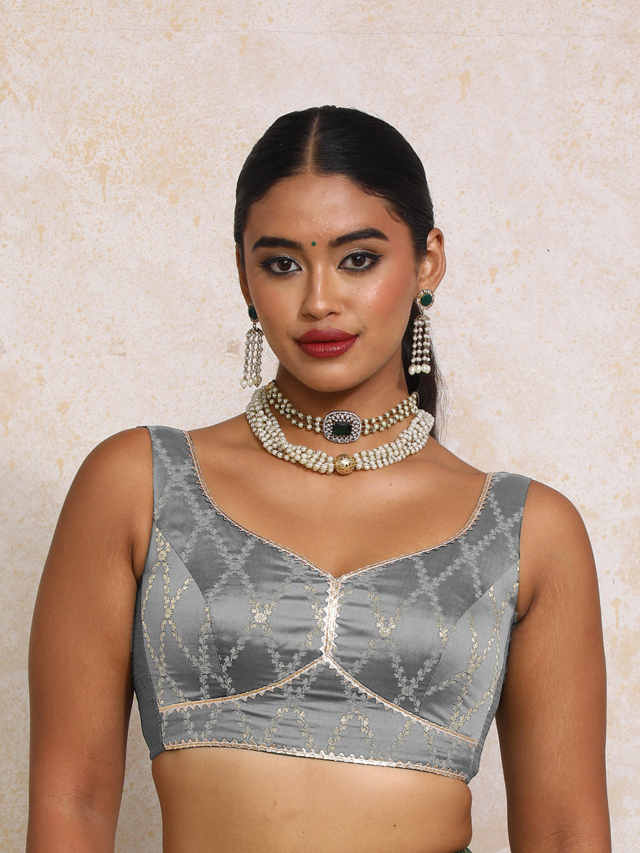 Rivana x Tyohaar Saree Blouse, in Grey Viscose Silk Brocade, featuring sleeveless and sweetheart neckline (view 4).