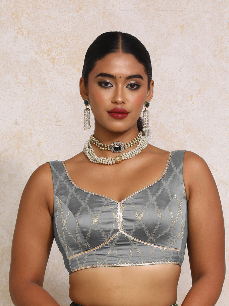 Rivana x Tyohaar | Sleeveless Gilded Grey Vine Mesh Brocade Saree Blouse-Binks