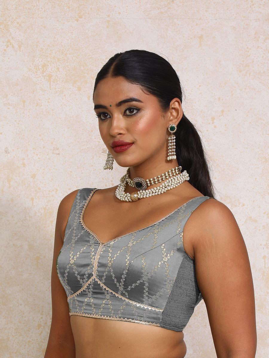 Rivana x Tyohaar Saree Blouse, in Grey Viscose Silk Brocade, featuring sleeveless and sweetheart neckline (view 6).