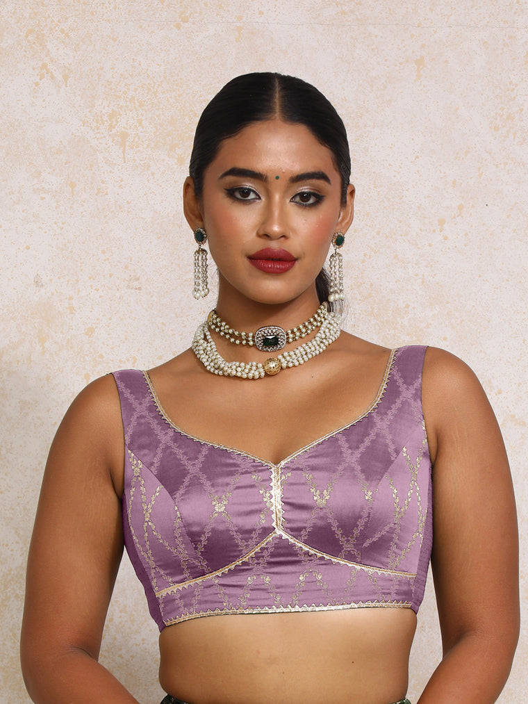 Rivana x Tyohaar Saree Blouse, in Purple Viscose Silk Brocade, featuring sleeveless and sweetheart neckline.