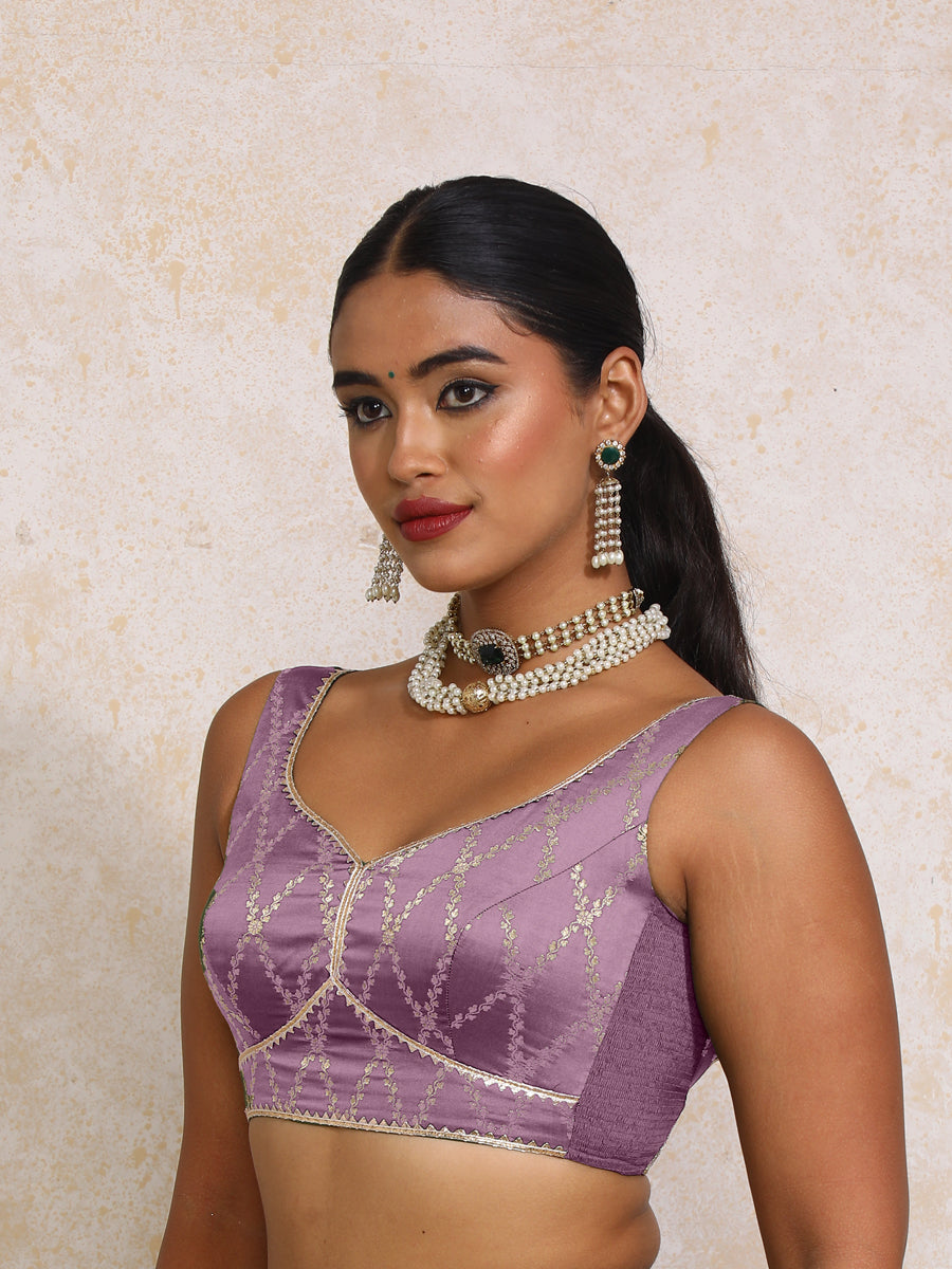 Rivana x Tyohaar Saree Blouse, in Purple Viscose Silk Brocade, featuring sleeveless and sweetheart neckline (view 4).