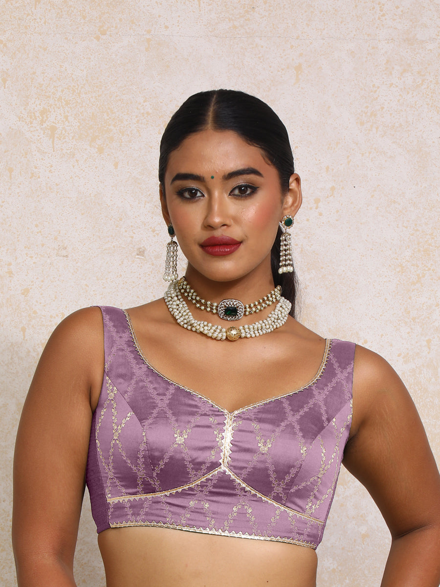 Rivana x Tyohaar Saree Blouse, in Purple Viscose Silk Brocade, featuring sleeveless and sweetheart neckline (view 6).