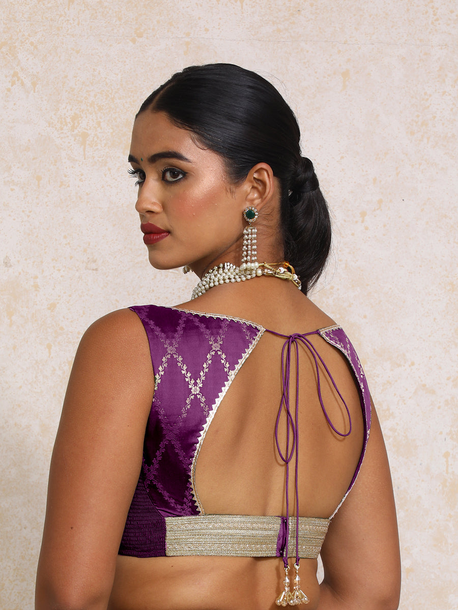 Rivana x Tyohaar Saree Blouse, in Purple Viscose Silk Brocade, featuring sleeveless and sweetheart neckline (view 2).