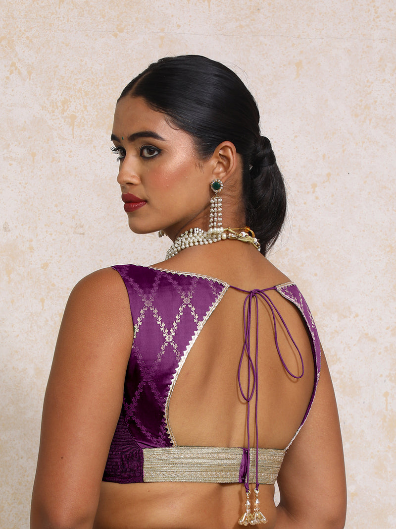 Rivana x Tyohaar | Sleeveless Orchid Plum Vine Mesh Brocade Saree Blouse-Binks