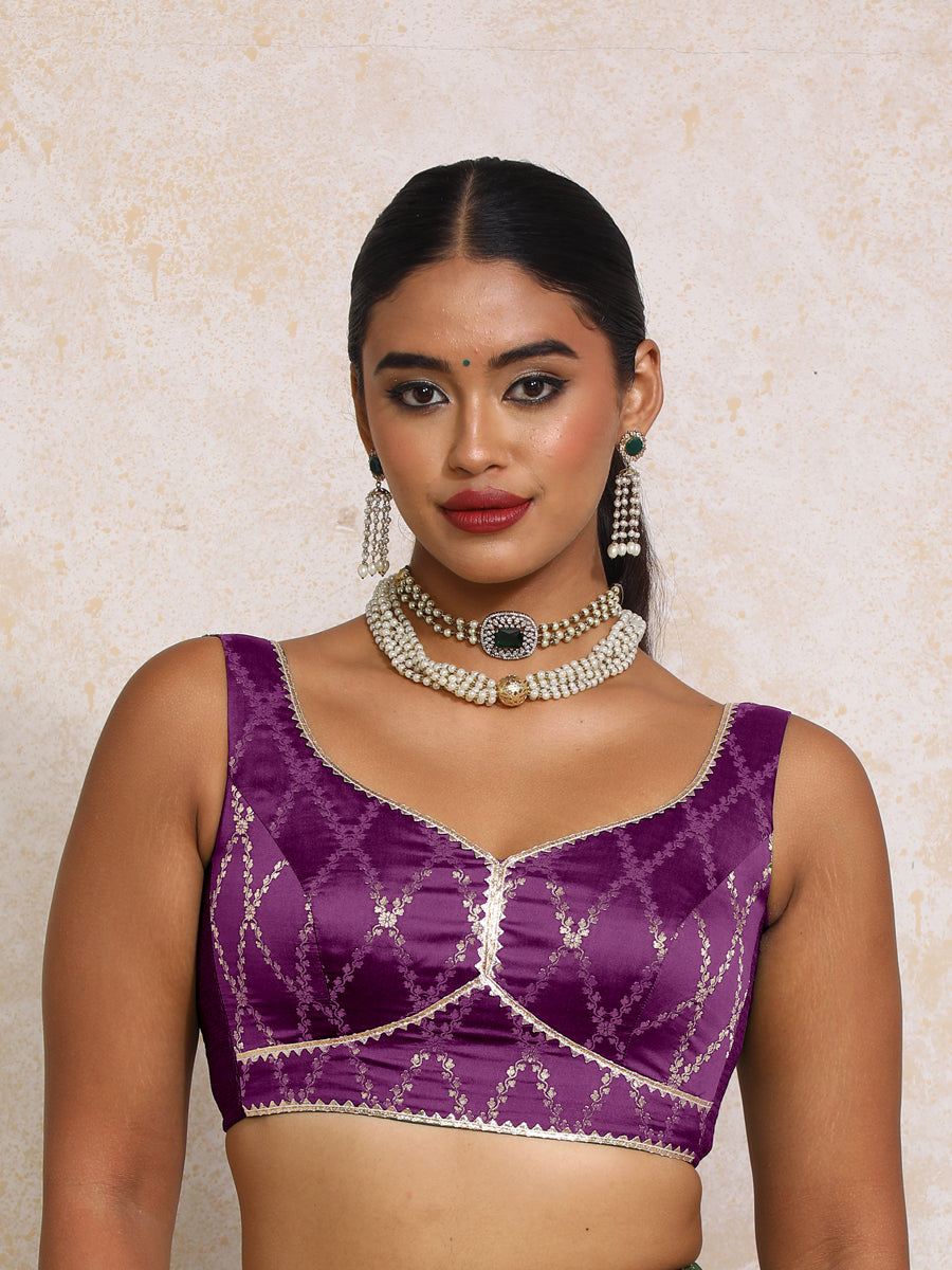 Rivana x Tyohaar Saree Blouse, in Purple Viscose Silk Brocade, featuring sleeveless and sweetheart neckline (view 4).