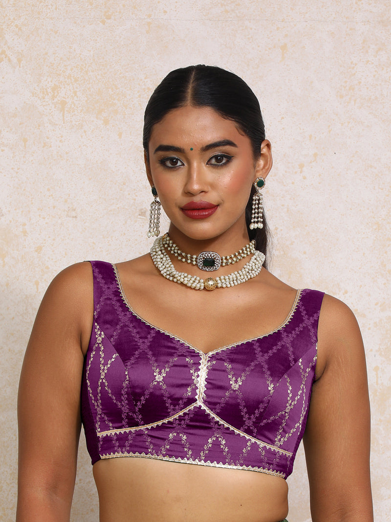 Rivana x Tyohaar | Sleeveless Orchid Plum Vine Mesh Brocade Saree Blouse-Binks