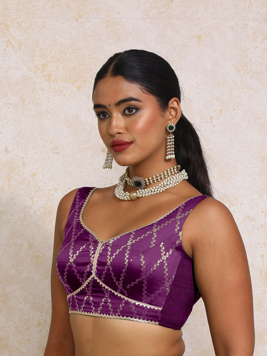 Rivana x Tyohaar Saree Blouse, in Purple Viscose Silk Brocade, featuring sleeveless and sweetheart neckline (view 6).