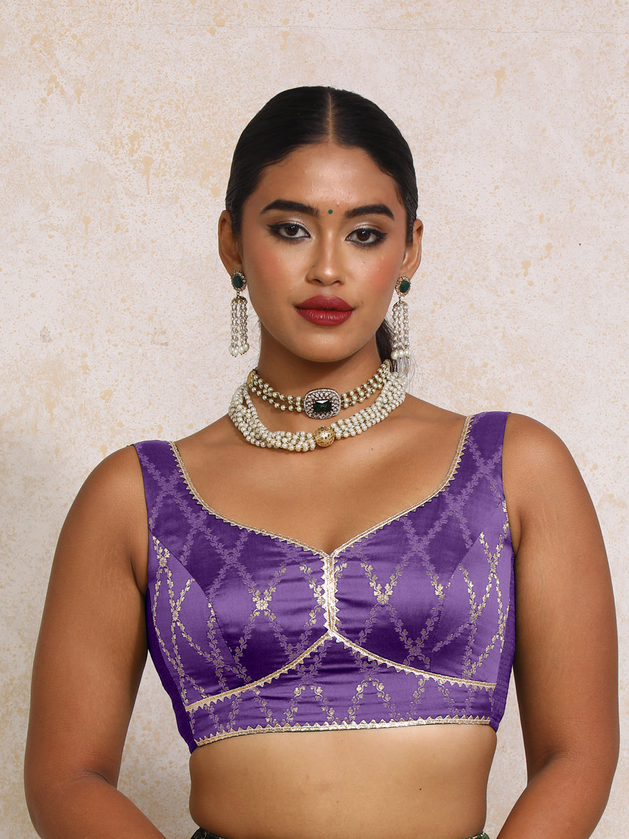 Rivana x Tyohaar Saree Blouse, in Purple Viscose Silk Brocade, featuring sleeveless and sweetheart neckline (view 6).